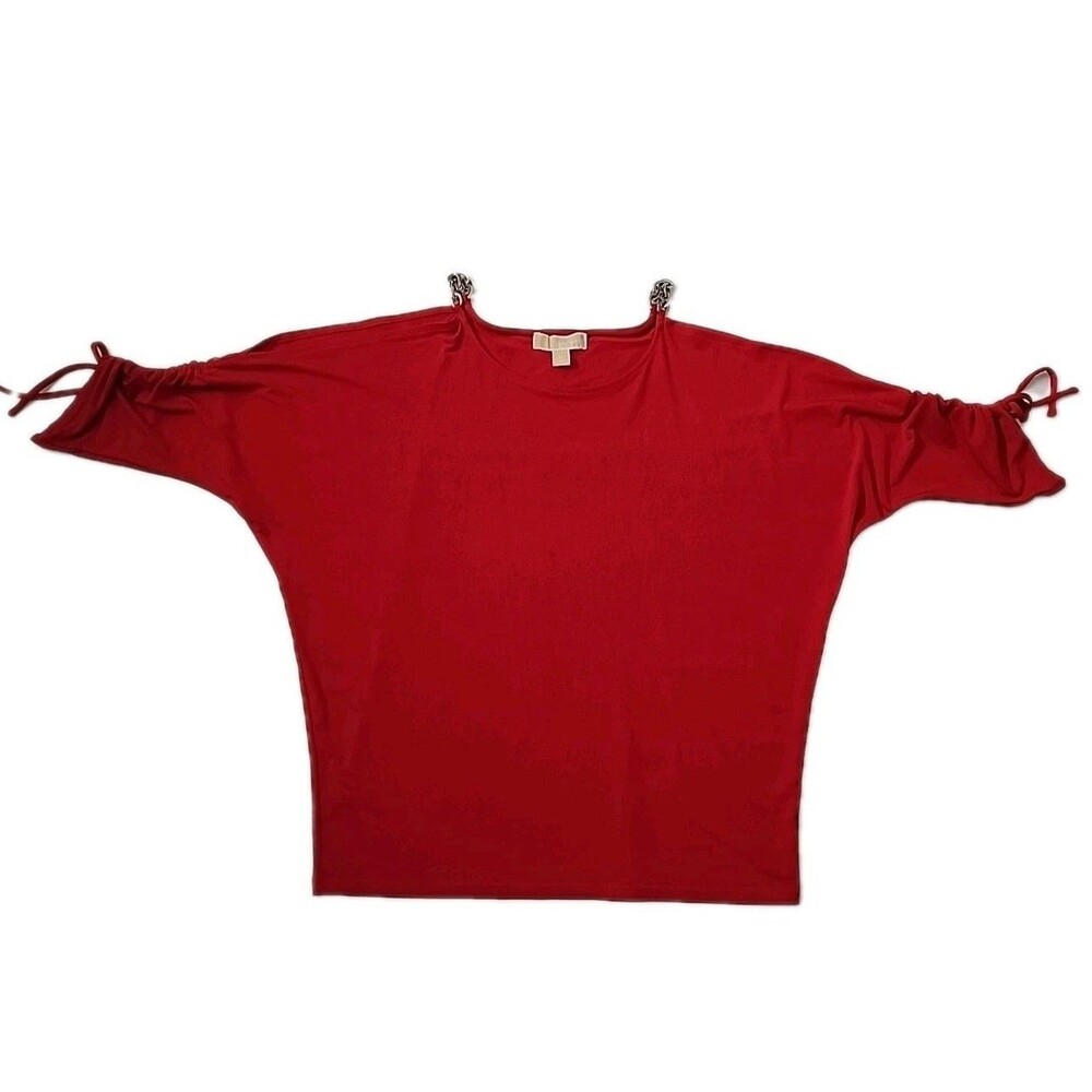 Michael Kors MK women Blouse  top sz M Red Gathered Silver Chain Cold Shoulder